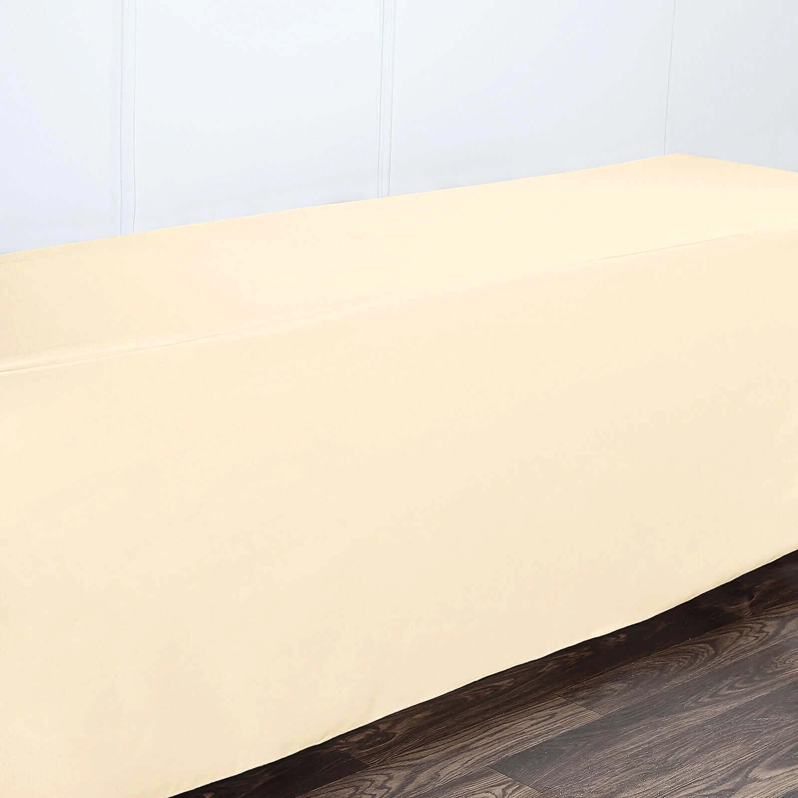 Beige 8ft fitted polyester tablecloth for 96"x30" tables.