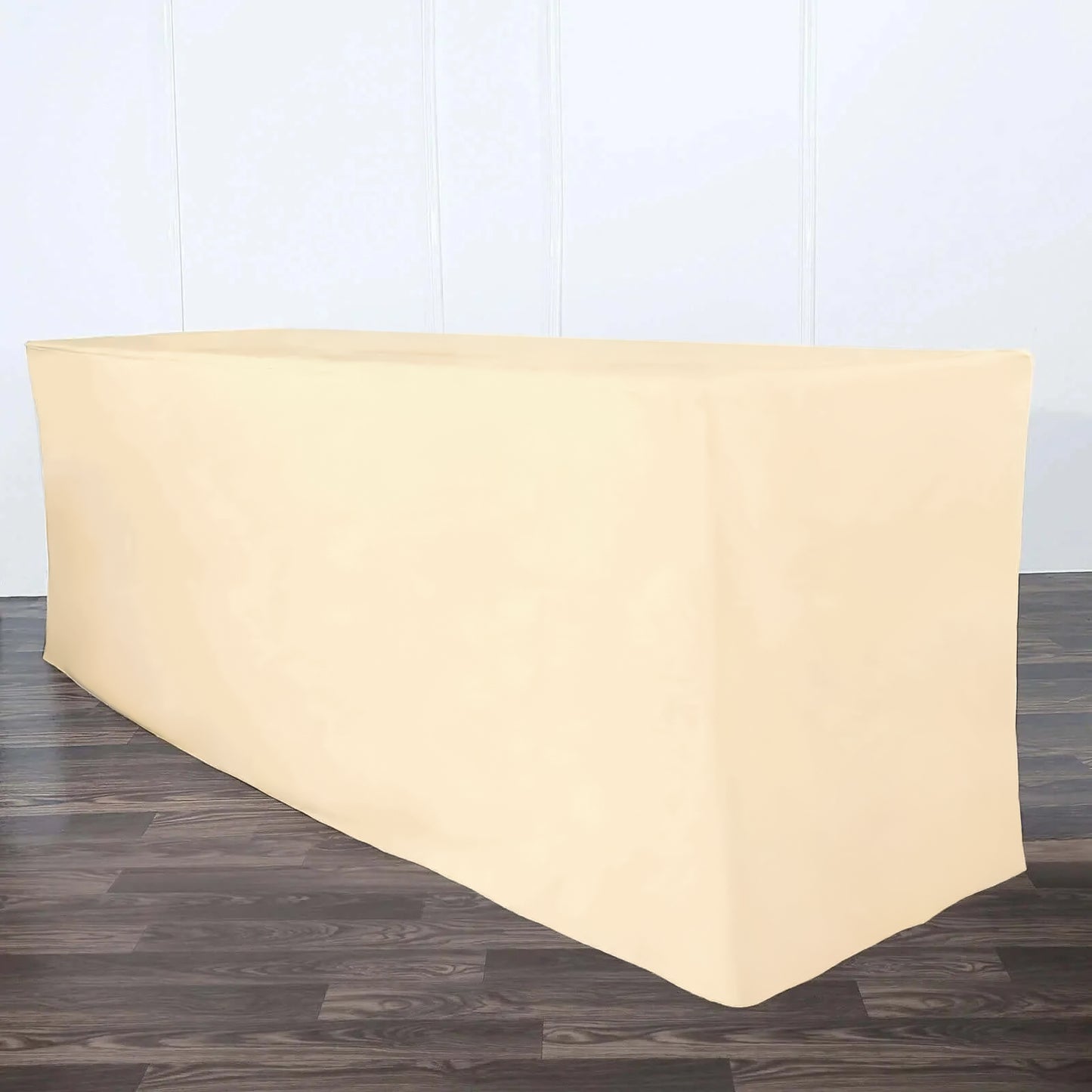 Beige fitted polyester tablecloth for 8ft tables, perfect for events.