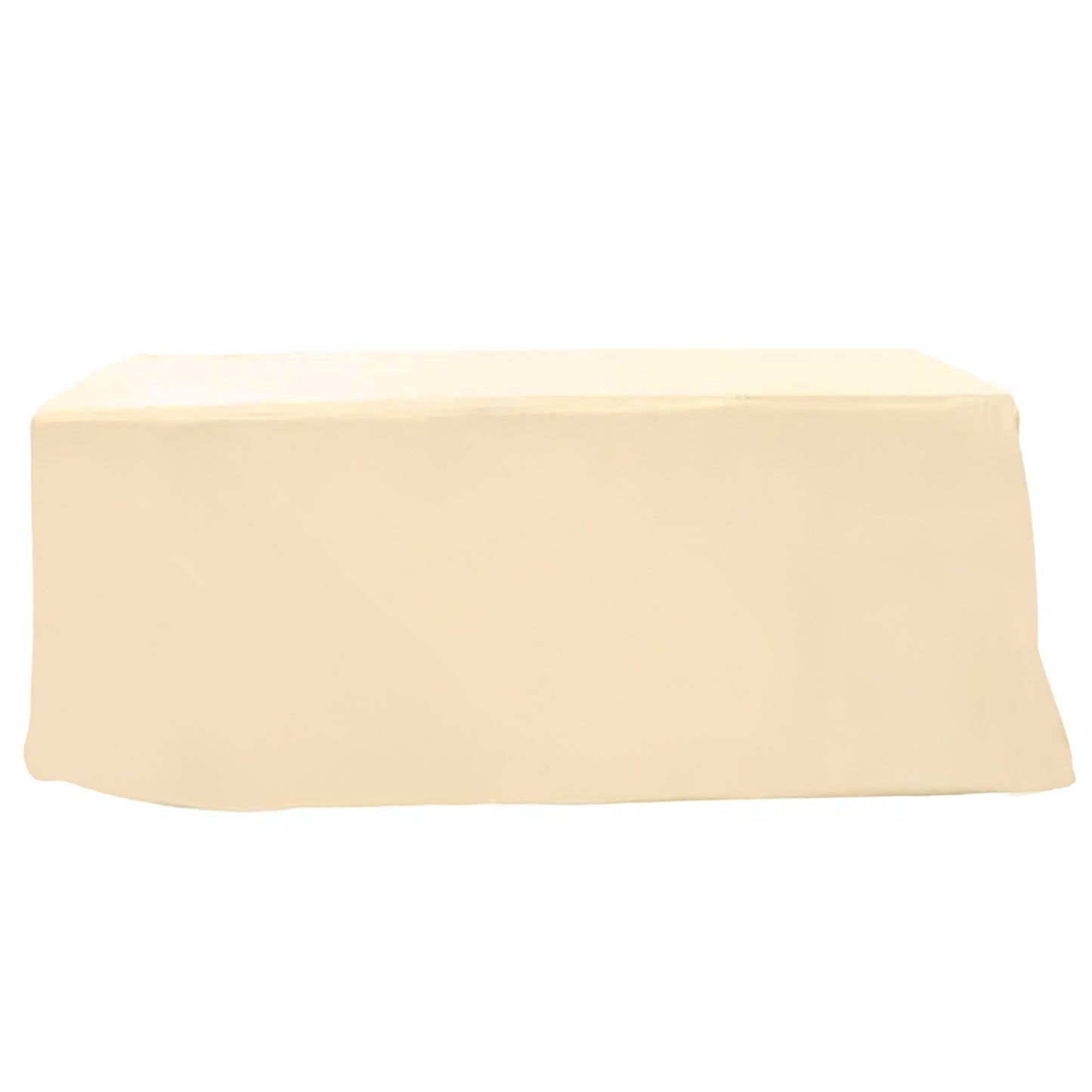 Beige fitted polyester tablecloth for 8ft rectangle tables.