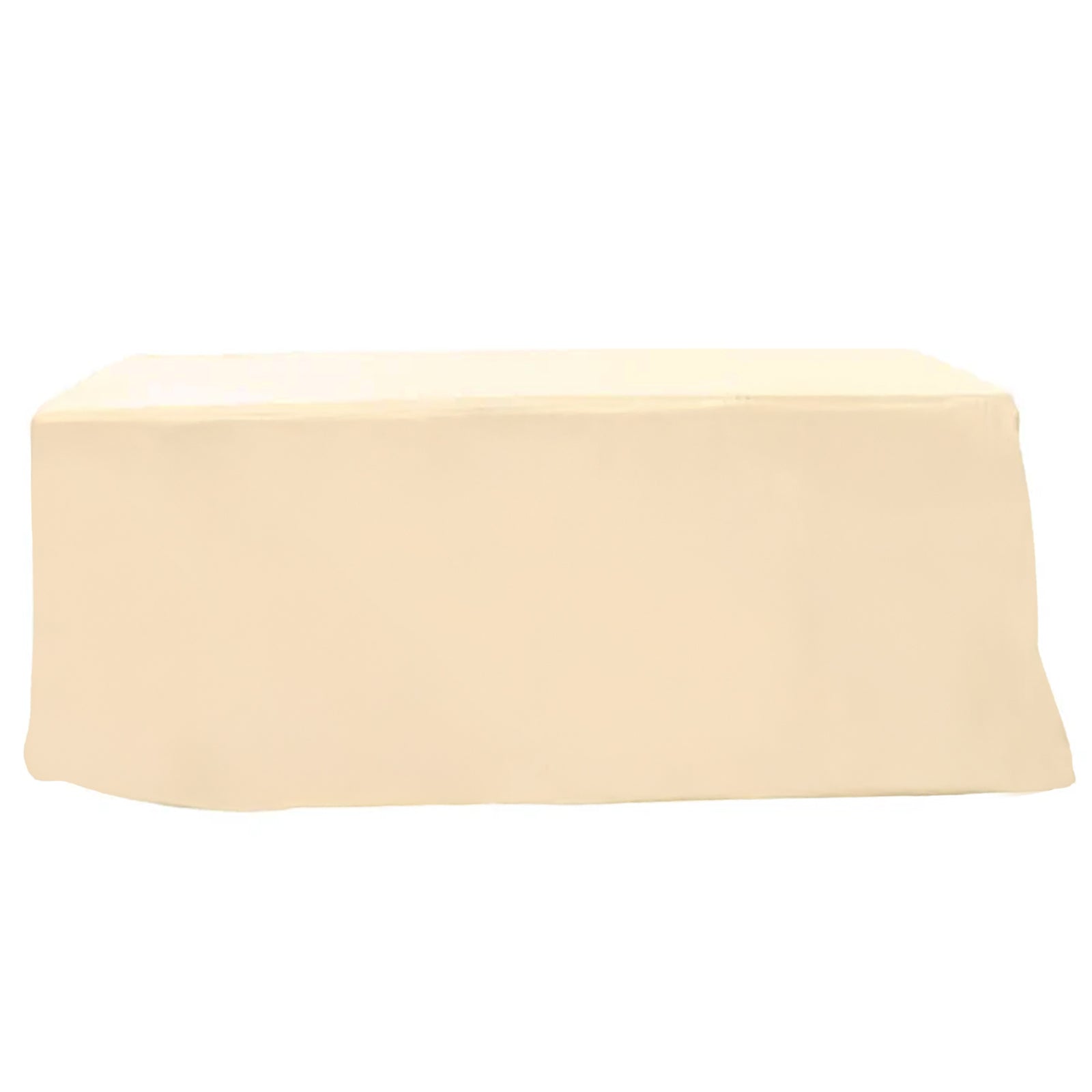 Beige fitted polyester tablecloth for 8ft rectangle tables.