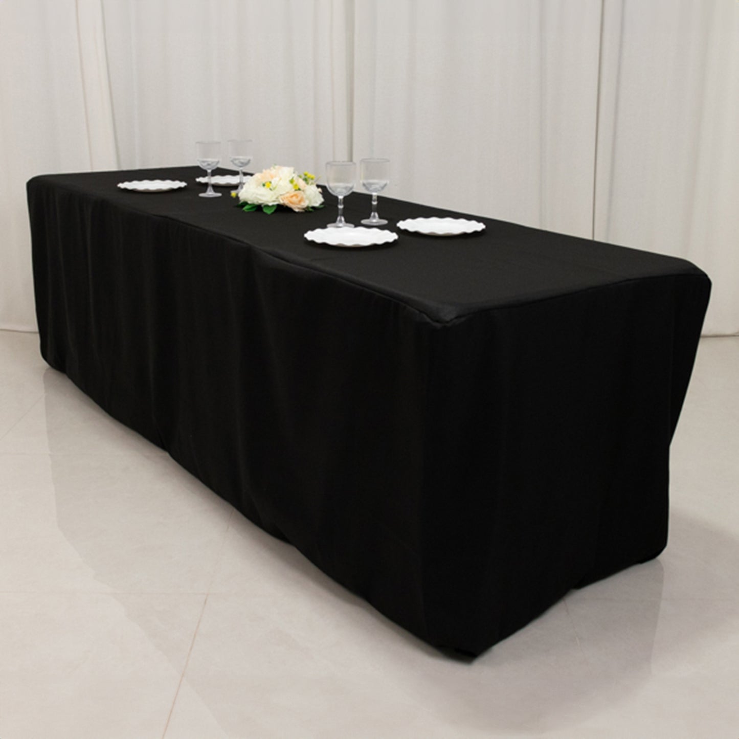 Black fitted polyester tablecloth for 96"x24"x30" tables.