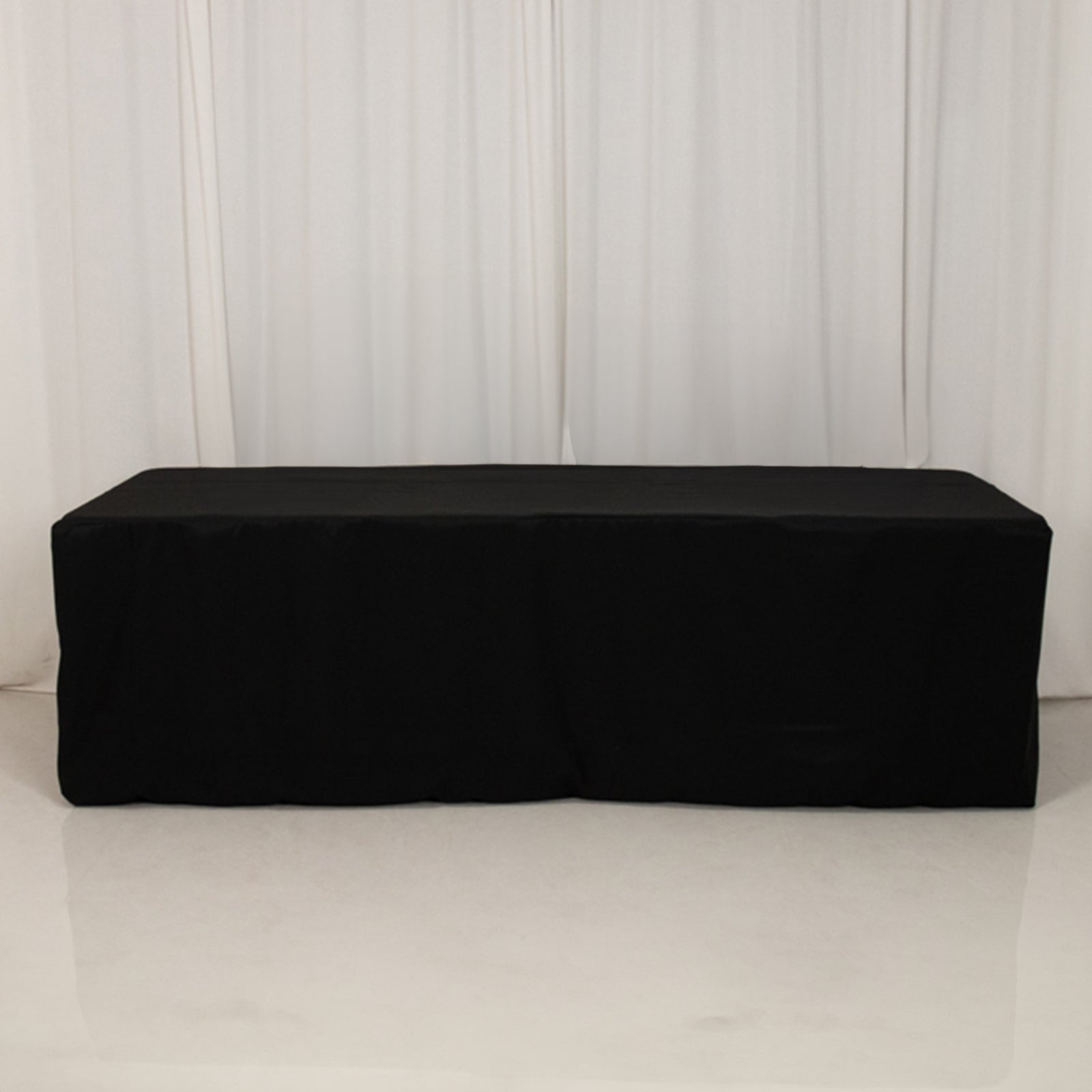 8ft black fitted polyester tablecloth for 96"x24"x30" tables.