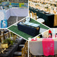 Gold fitted polyester tablecloth for 8ft rectangle tables.