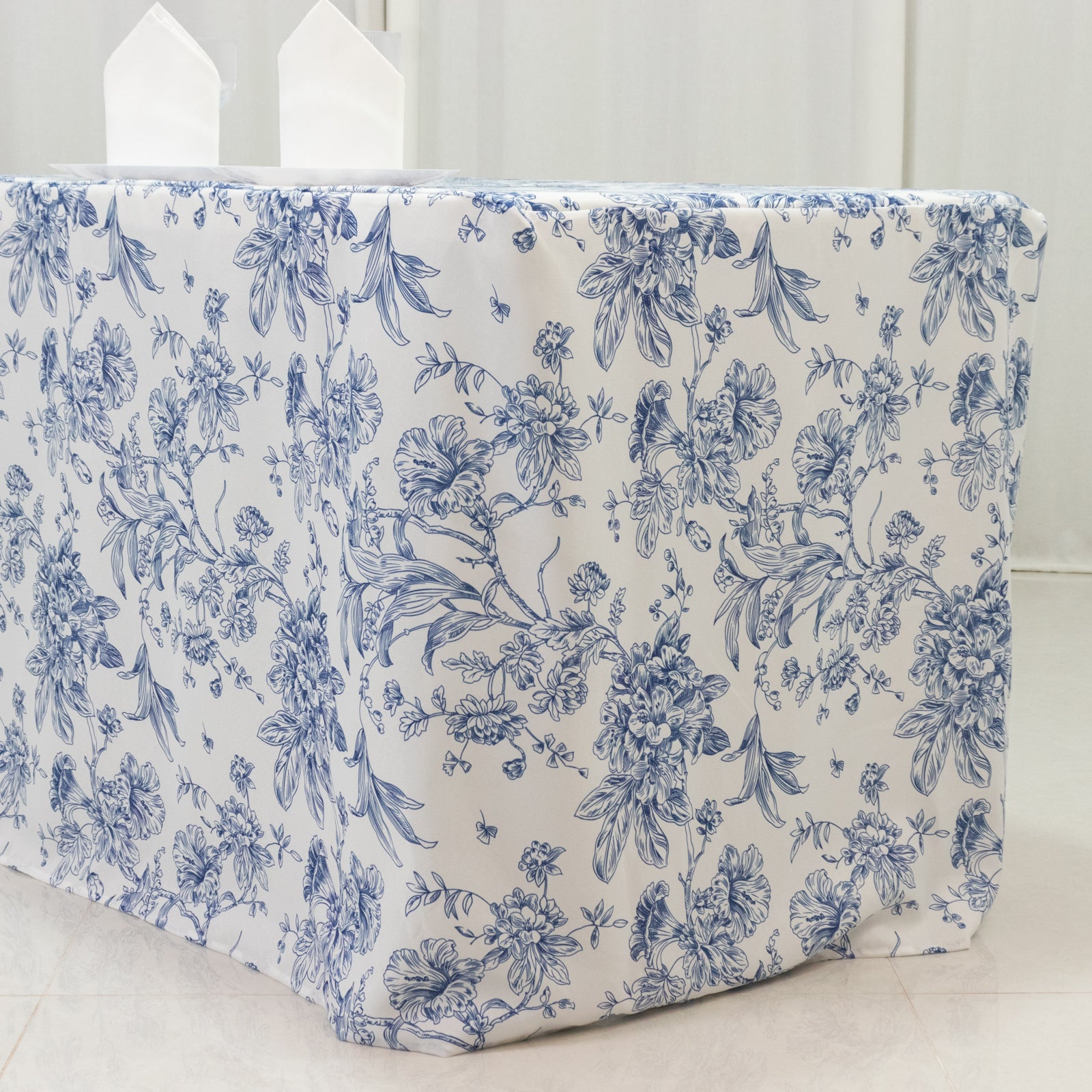 Blue & white floral fitted tablecloth for 8ft rectangular tables.