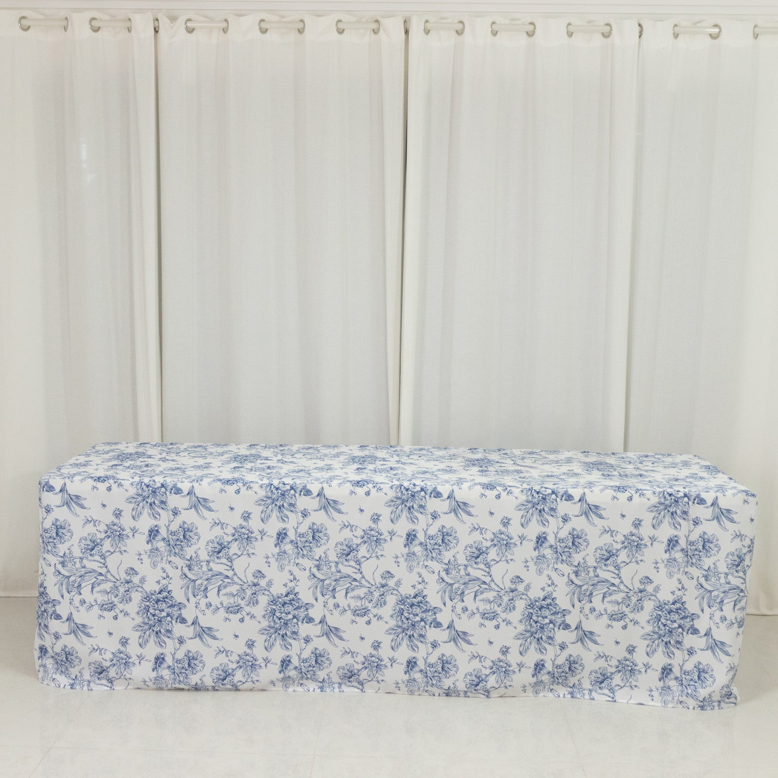 Blue & white floral fitted tablecloth for 8ft table. Wrinkle-resistant polyester.