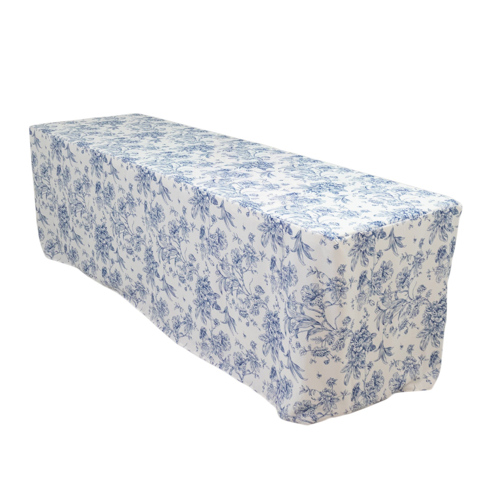 Blue and white floral fitted tablecloth on an 8ft rectangular table.