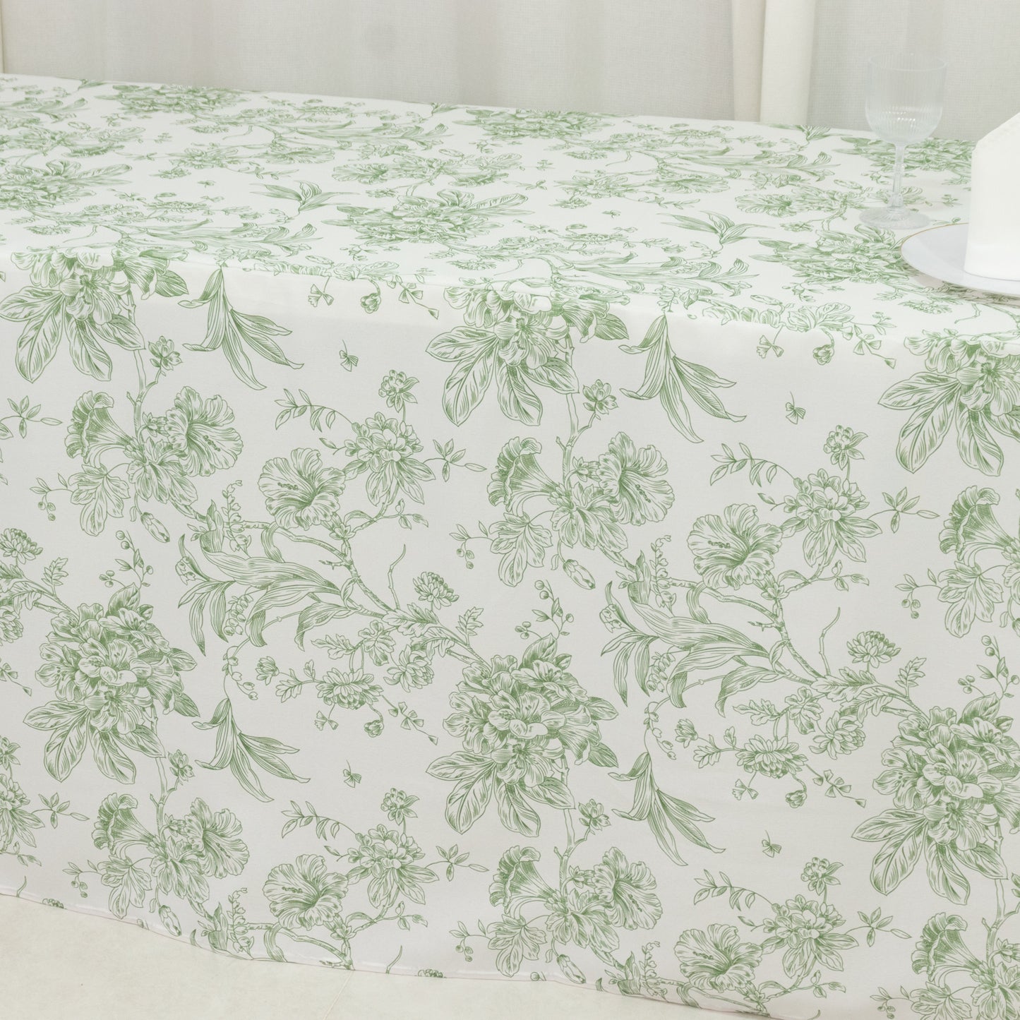 Dusty sage green and white floral fitted tablecloth