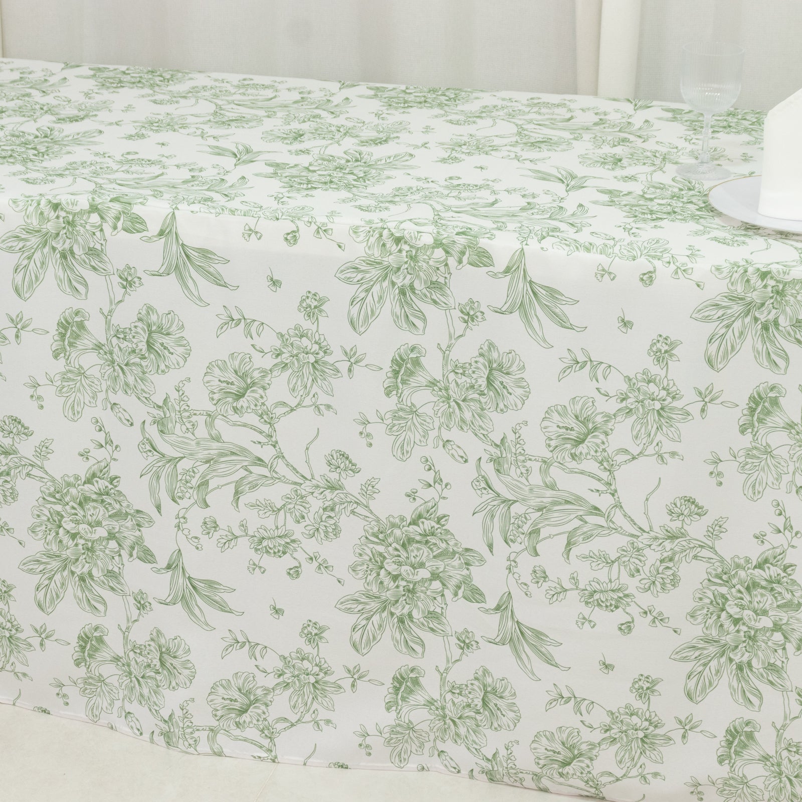 Dusty sage green and white floral fitted tablecloth