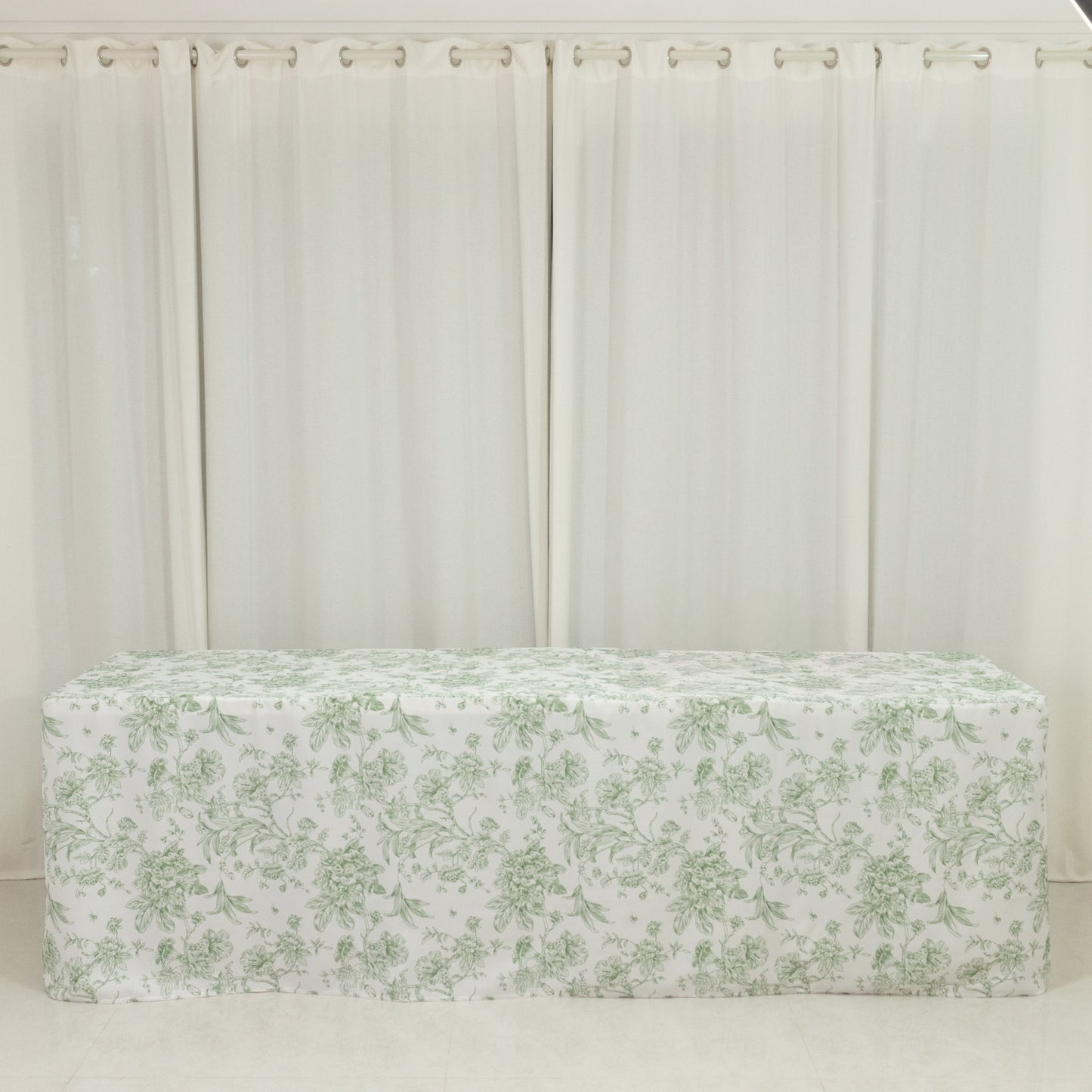 Dusty sage green floral fitted tablecloth for 8ft rectangular tables.