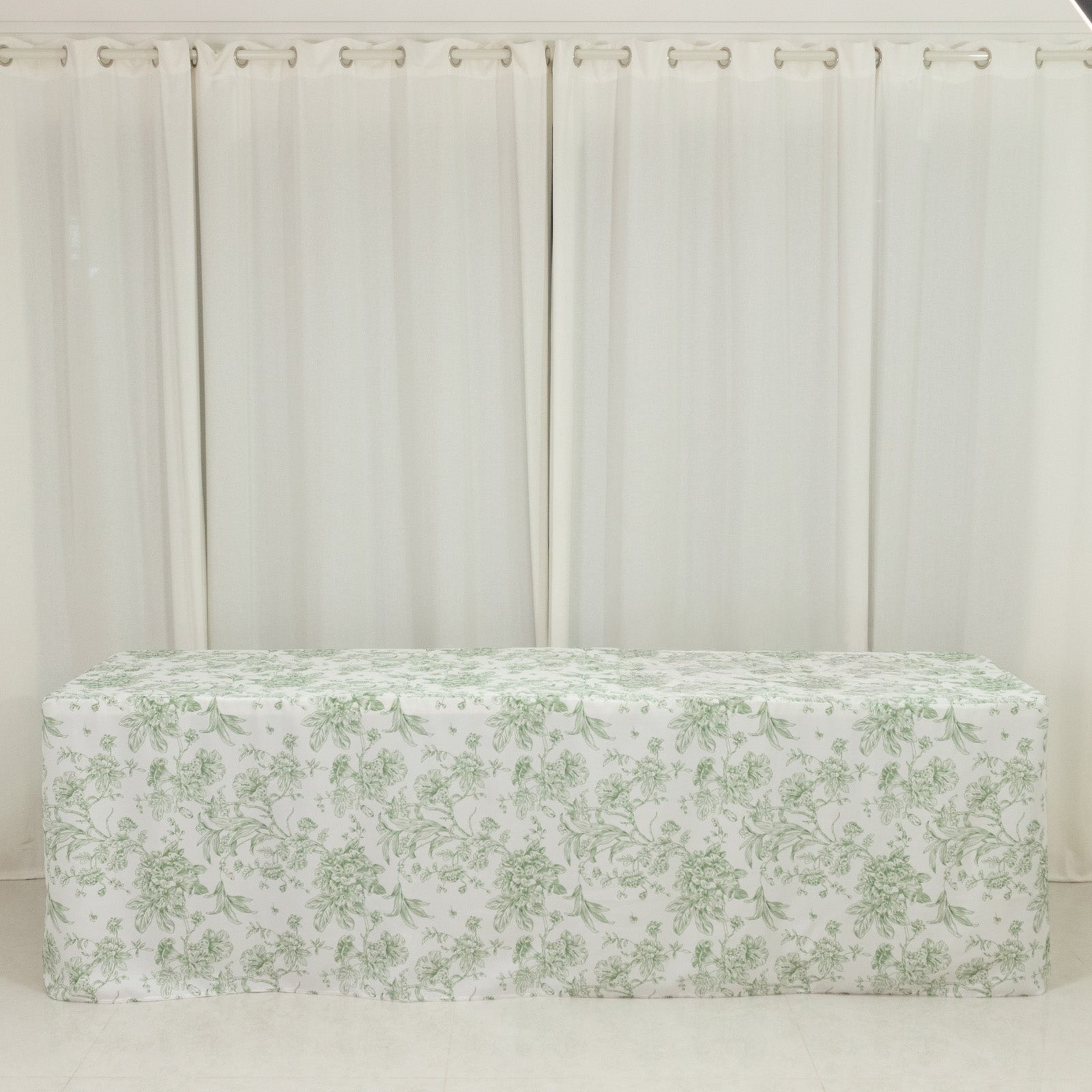 Dusty sage green floral fitted tablecloth for 8ft rectangular tables.
