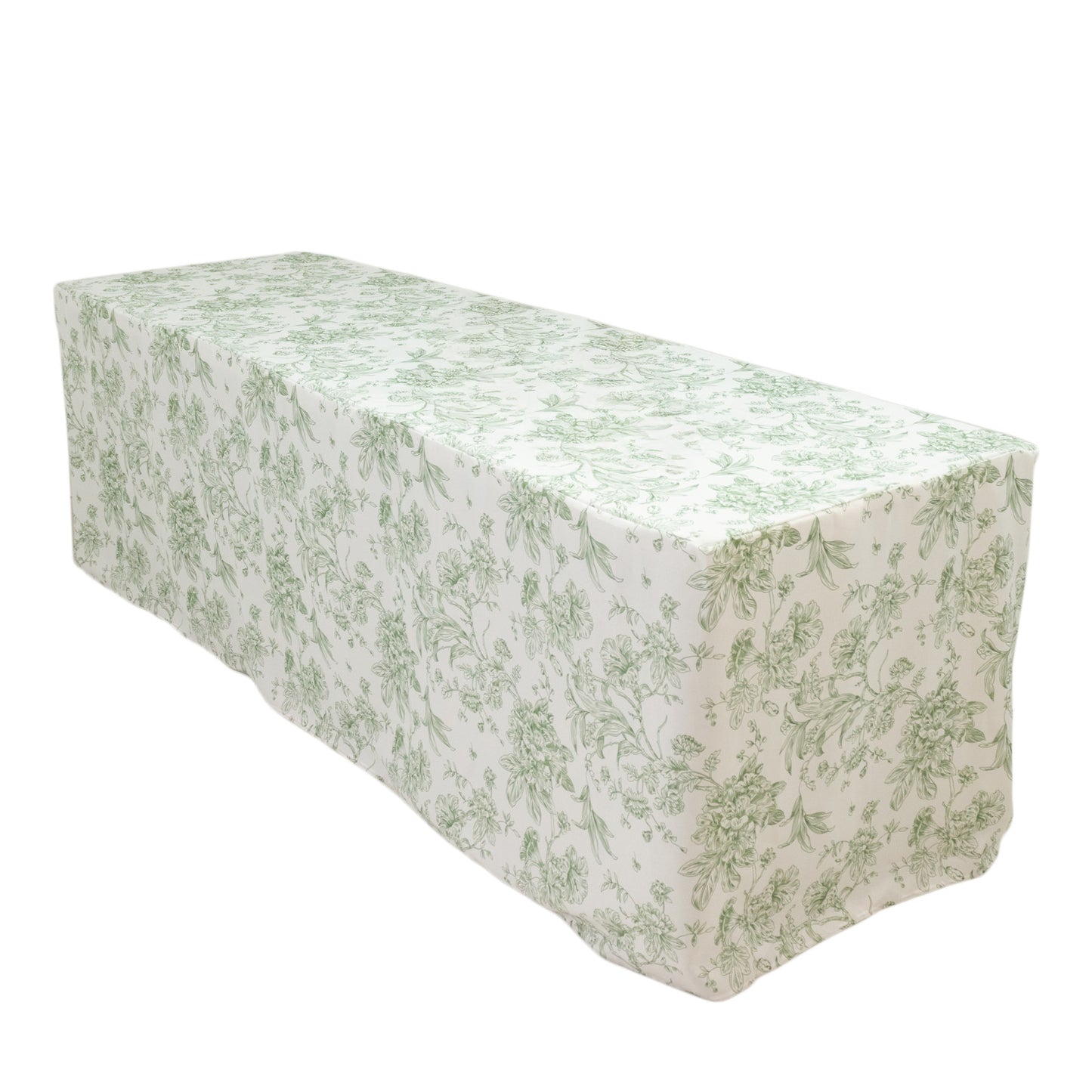 Dusty sage green and white floral fitted tablecloth for an 8ft table.