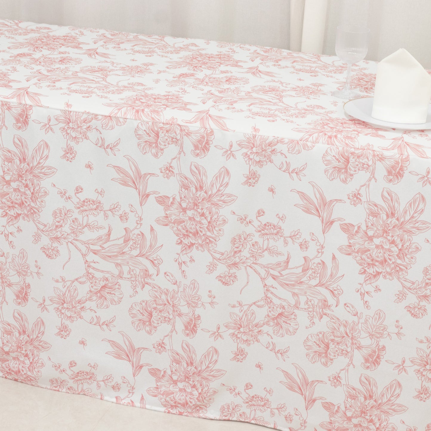 French Toile Fitted Tablecloth 8ft – Pink & White Rectangular Polyester Wrinkle-Resistant Table Cover