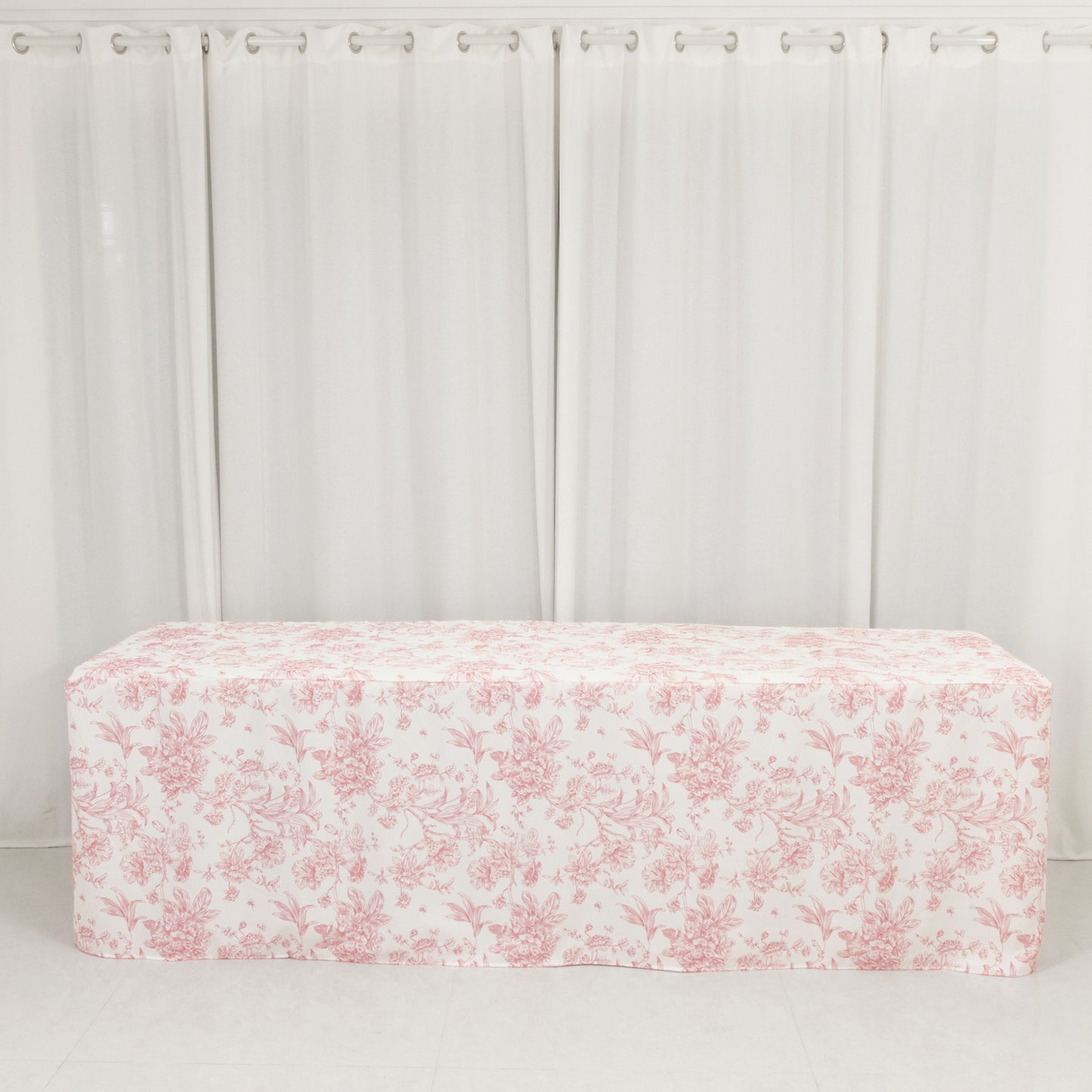 French Toile Fitted Tablecloth 8ft – Pink & White Rectangular Polyester Wrinkle-Resistant Table Cover