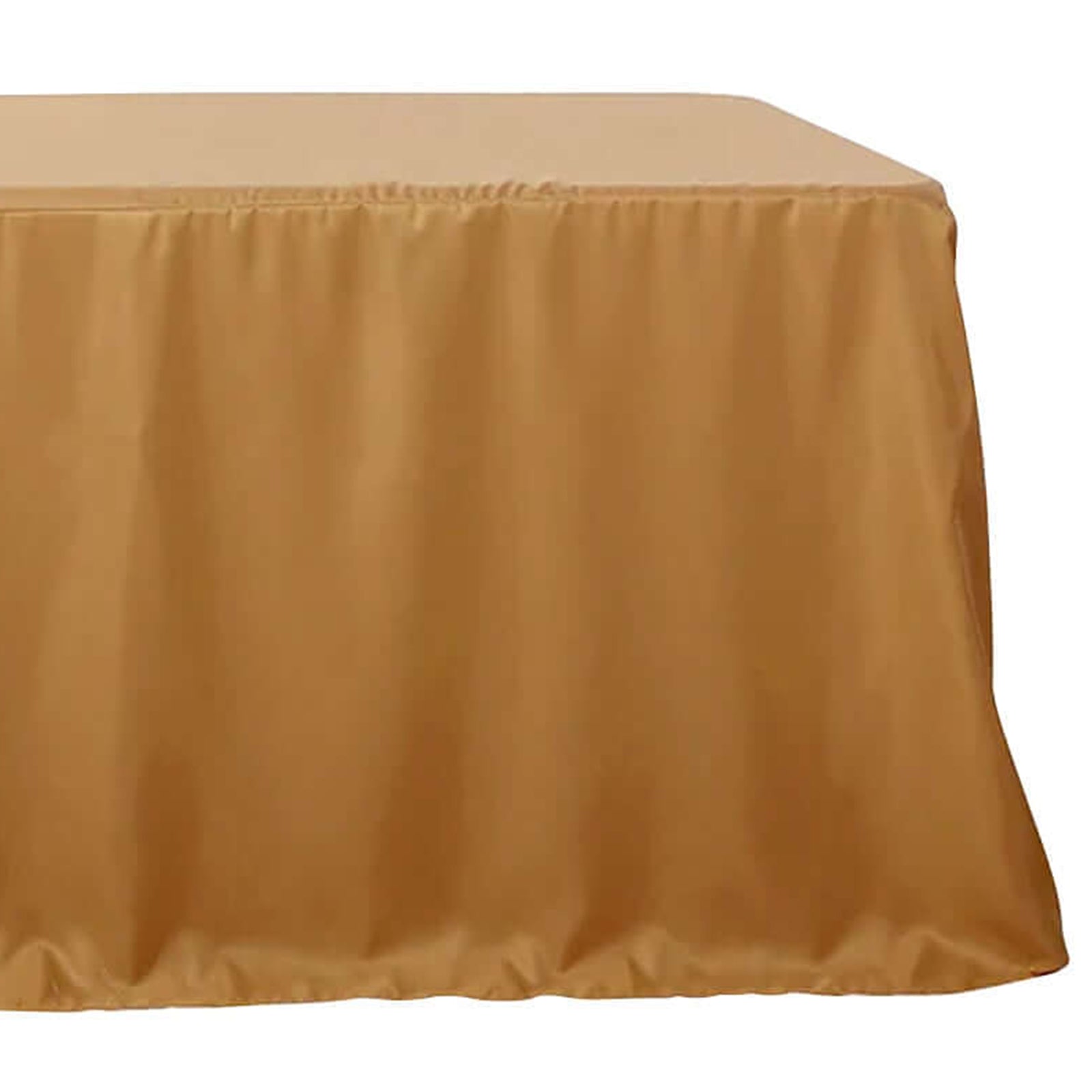 Gold fitted polyester rectangle tablecloth for 8ft tables.
