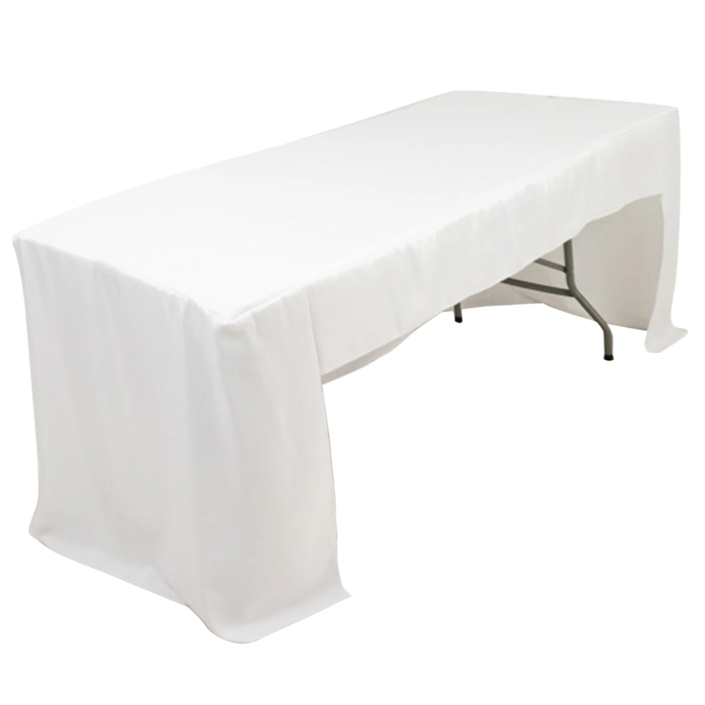 White open back fitted polyester tablecloth for trade show tables.
