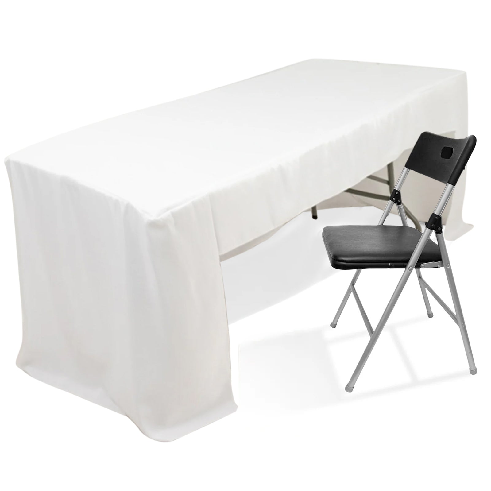 White fitted polyester tablecloth for 8ft rectangle tables.