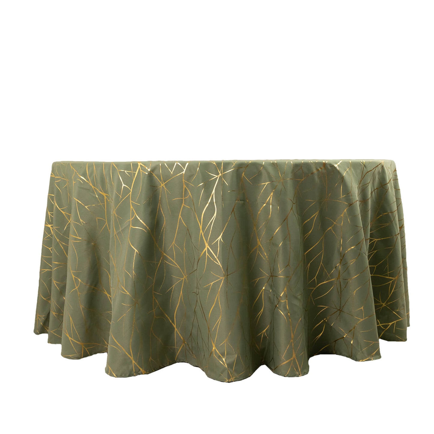 Dusty sage green round tablecloth with gold foil tree branch pattern.
