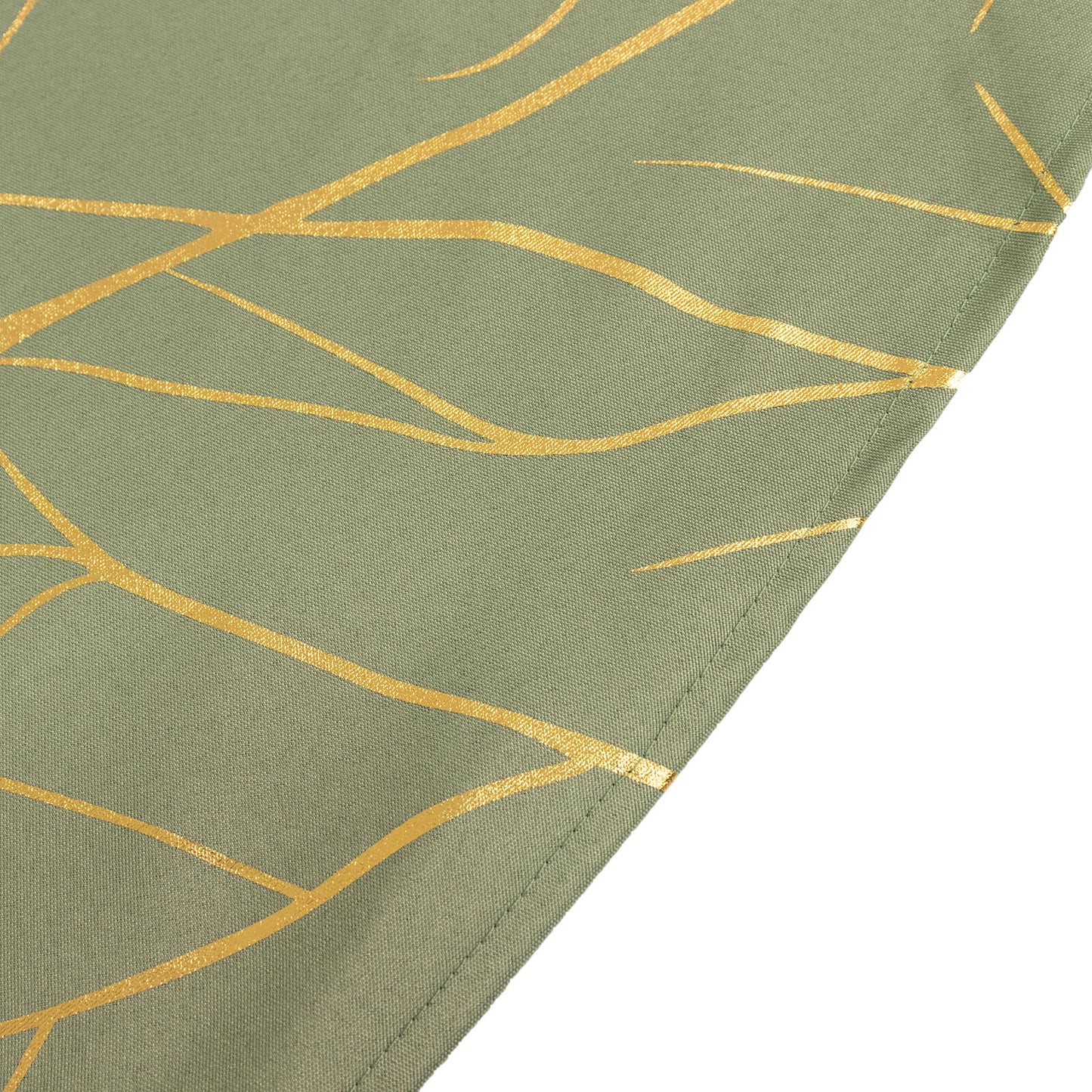 Dusty sage green tablecloth with gold foil tree branch pattern.