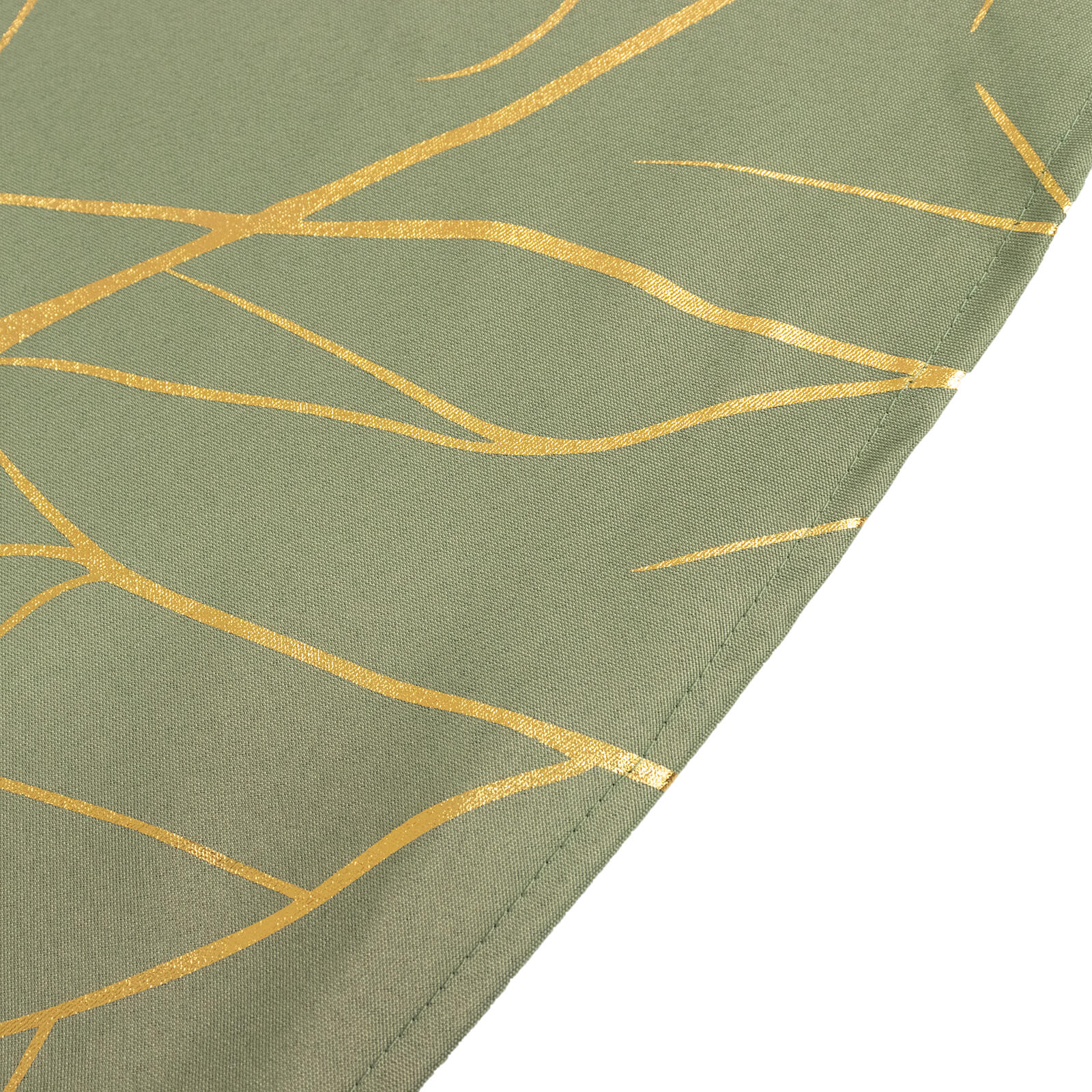 Dusty sage green tablecloth with gold foil tree branch pattern.