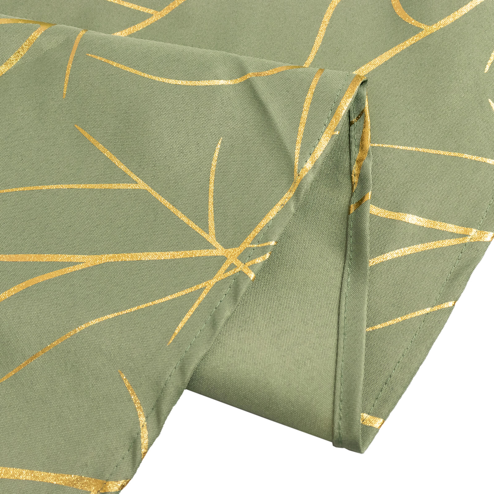 Dusty sage green tablecloth with gold foil tree branch pattern.