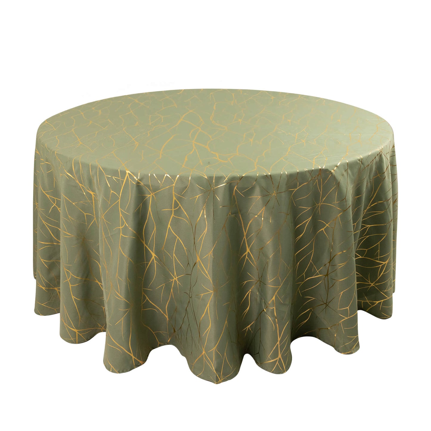 Dusty sage green round tablecloth with gold foil tree branch pattern.