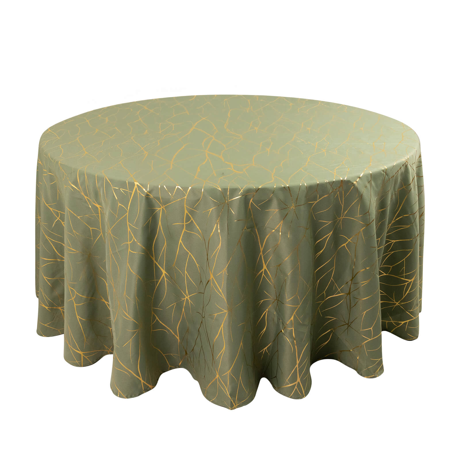 Dusty sage green round tablecloth with gold foil tree branch pattern.