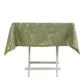 Dusty sage green tablecloth with gold foil tree branch pattern.