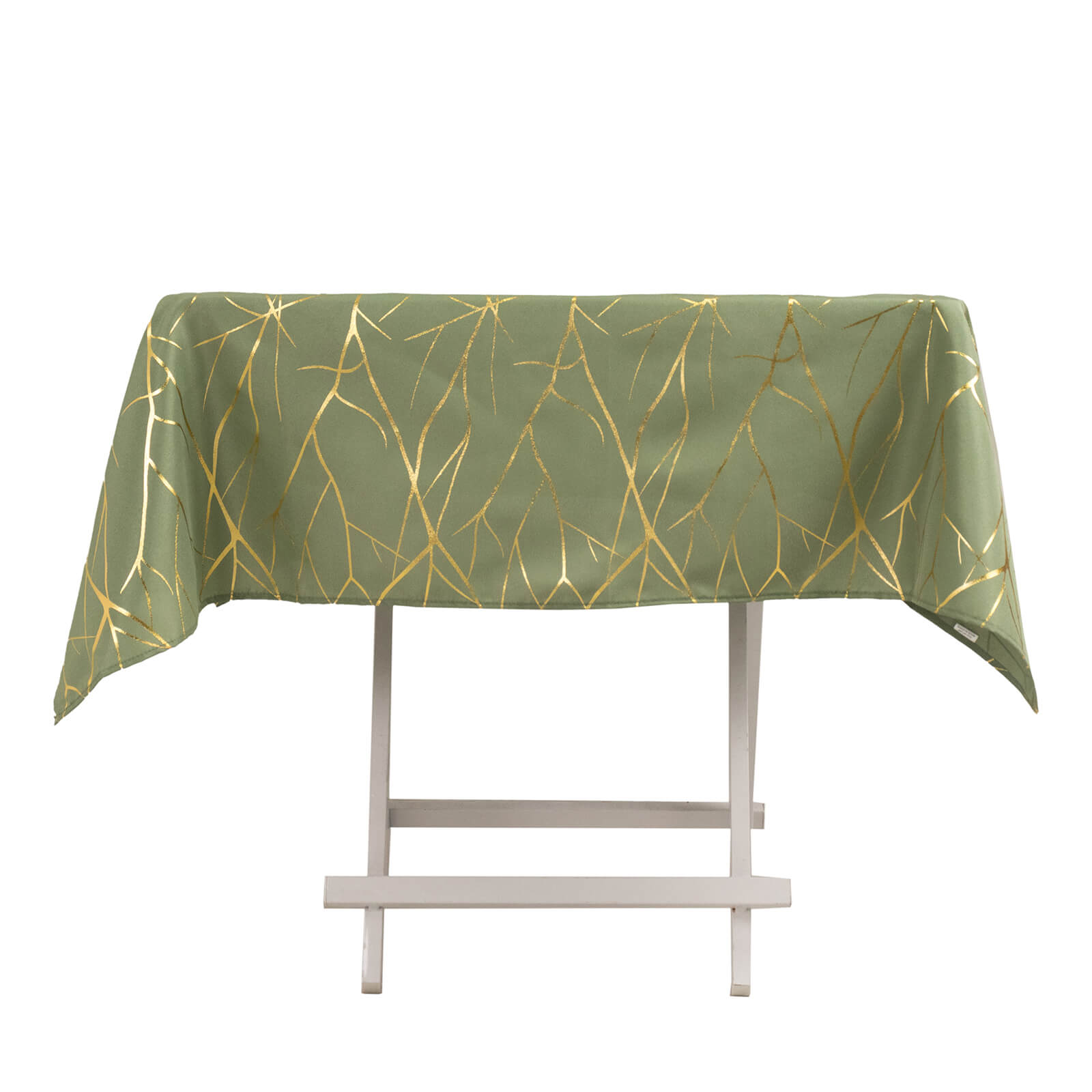 Dusty sage green tablecloth with gold foil tree branch pattern.