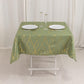 Dusty sage green tablecloth with gold foil tree branch pattern.