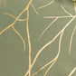 Dusty sage green table overlay with gold foil tree branch pattern.