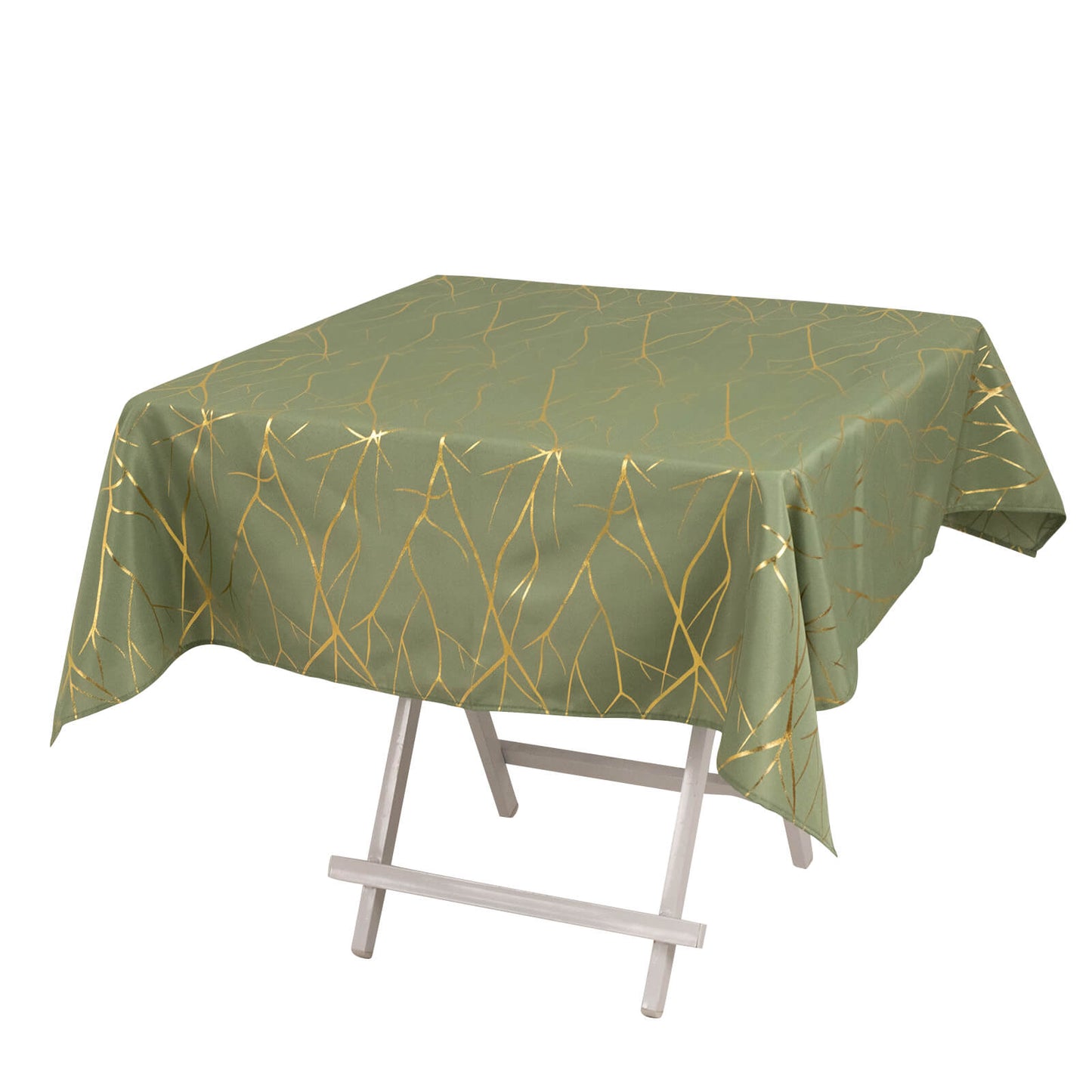 Dusty sage green tablecloth with gold foil tree branch pattern.