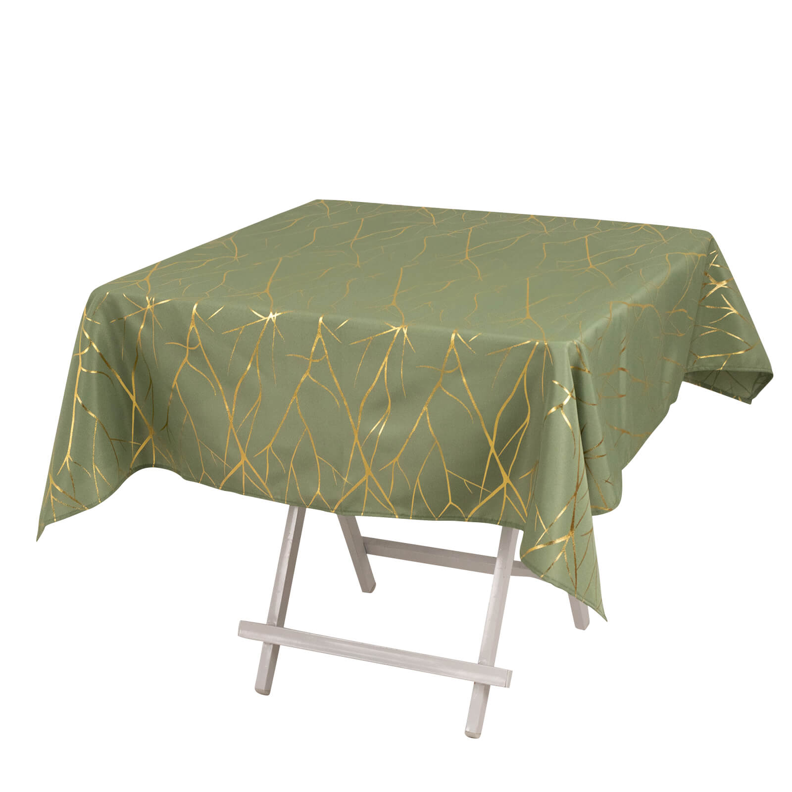 Dusty sage green tablecloth with gold foil tree branch pattern.