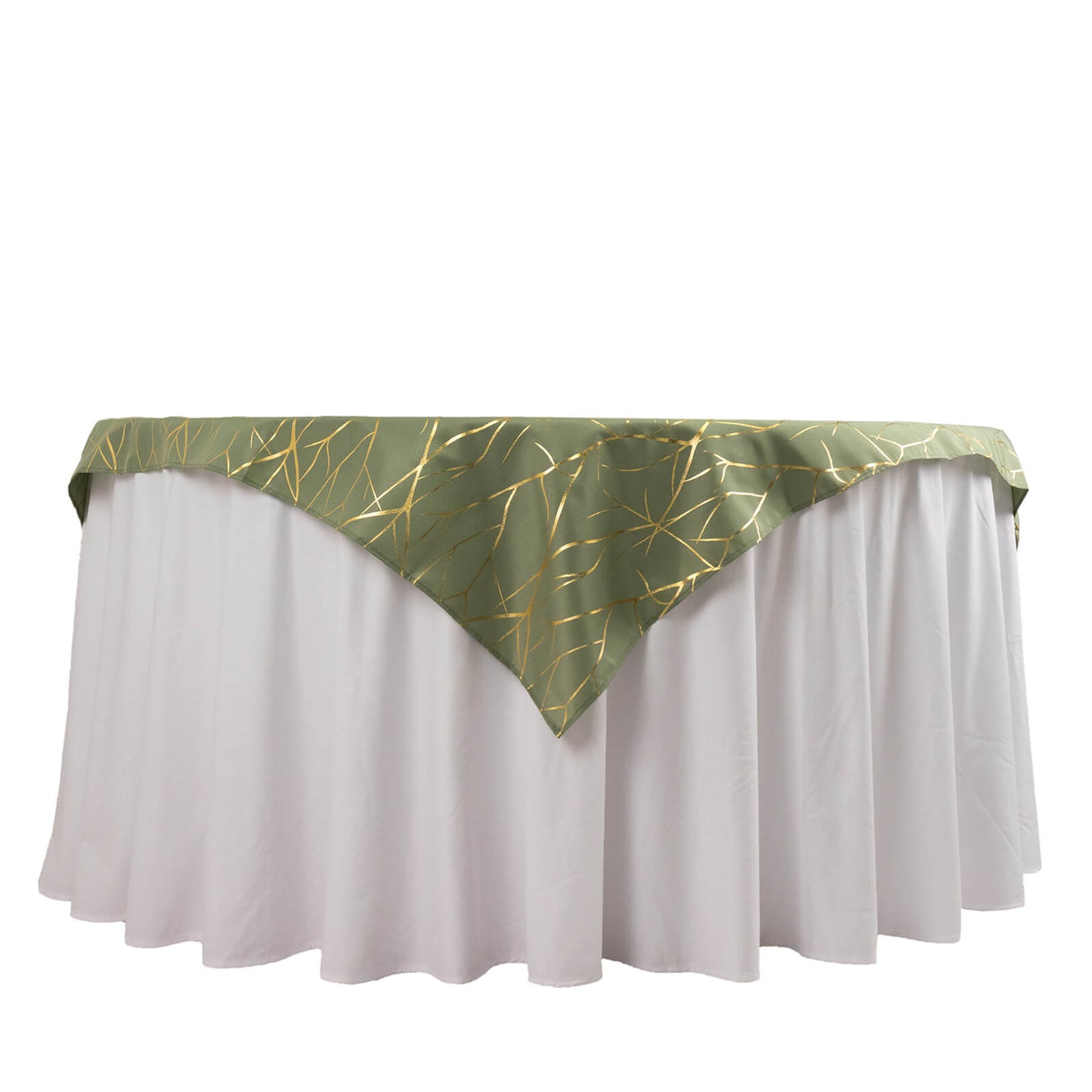 Dusty sage green table overlay with gold foil tree branch pattern.