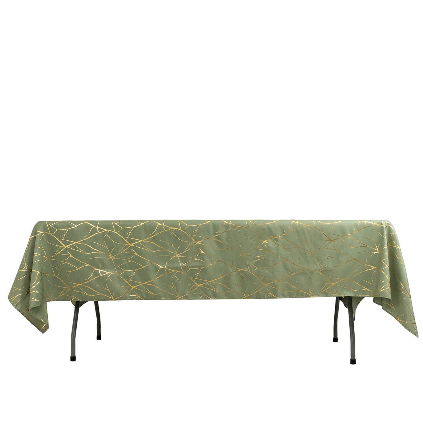 Dusty sage green tablecloth with gold foil tree branch pattern.
