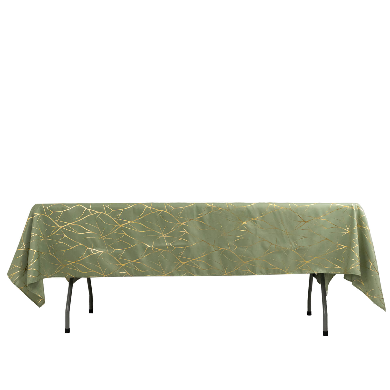Dusty sage green tablecloth with gold foil tree branch pattern.