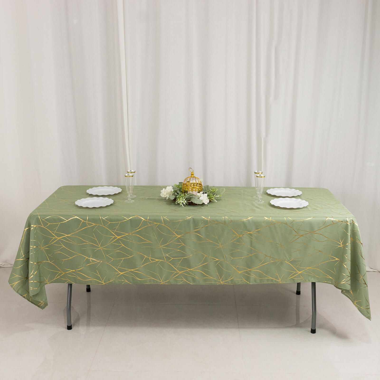 Dusty sage green tablecloth with gold foil tree branch pattern, 60"x102".