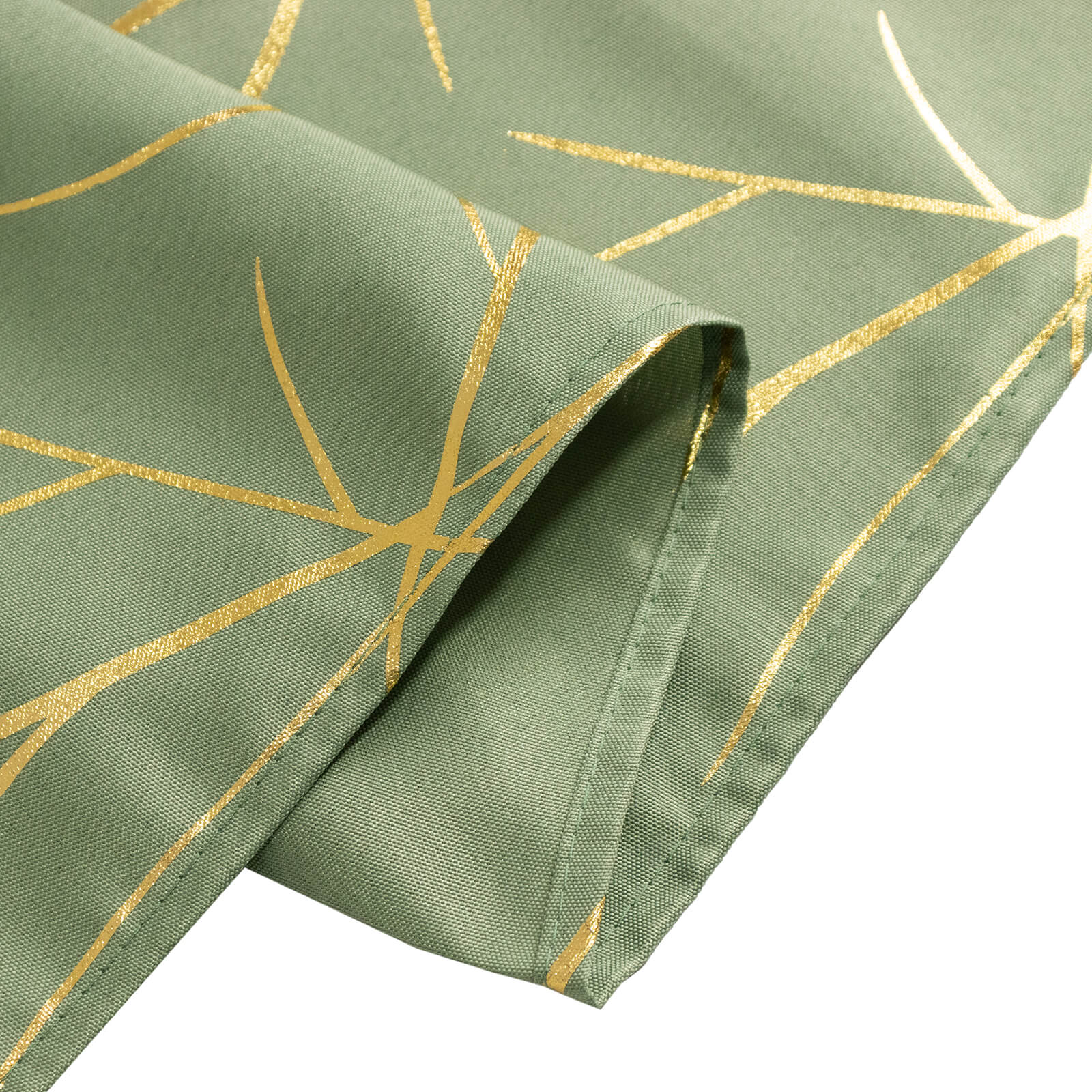 Dusty sage green tablecloth with gold foil tree branch pattern.