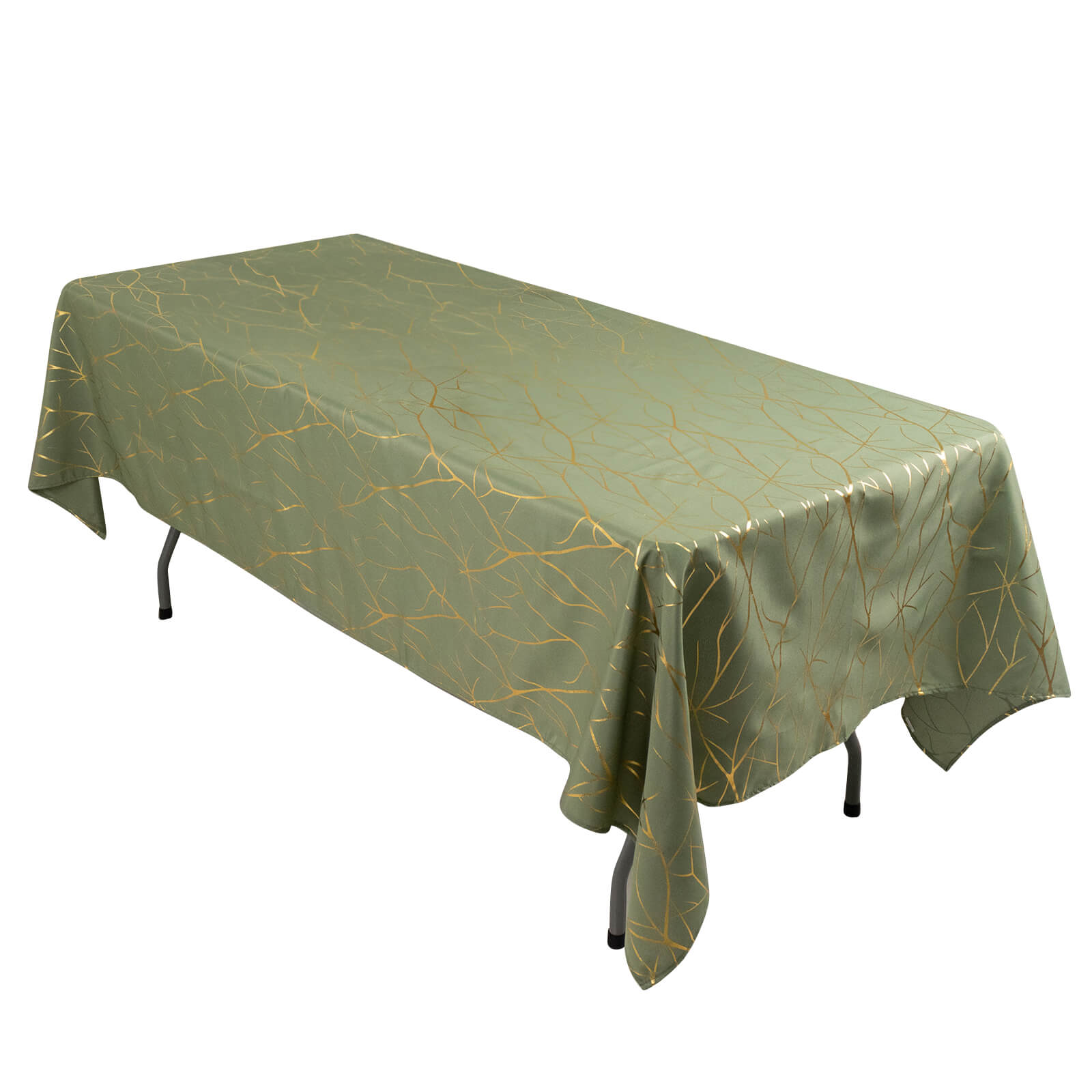 Dusty sage green tablecloth with gold foil tree branch pattern.