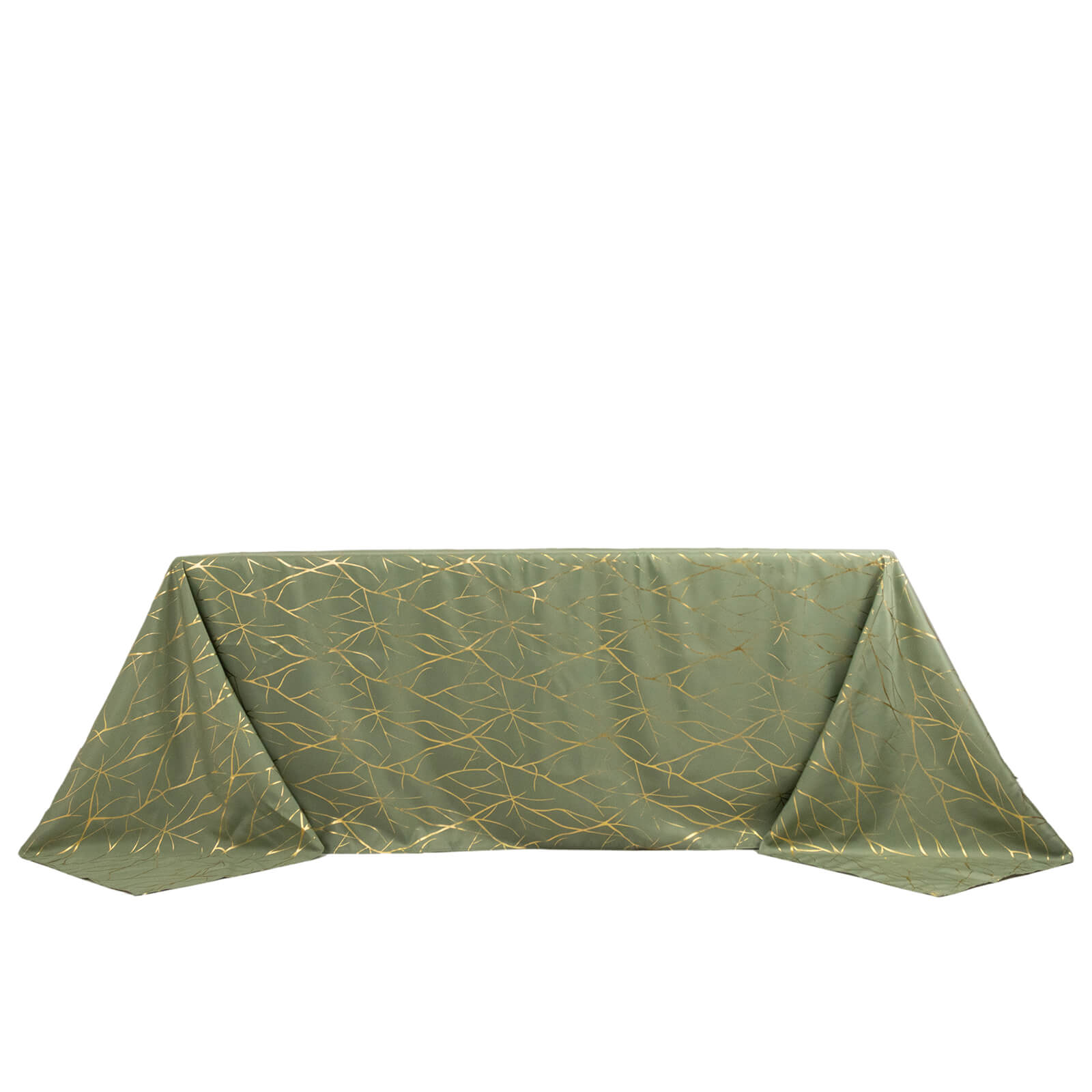 Dusty sage green tablecloth with gold foil tree branch pattern for 6-foot table.