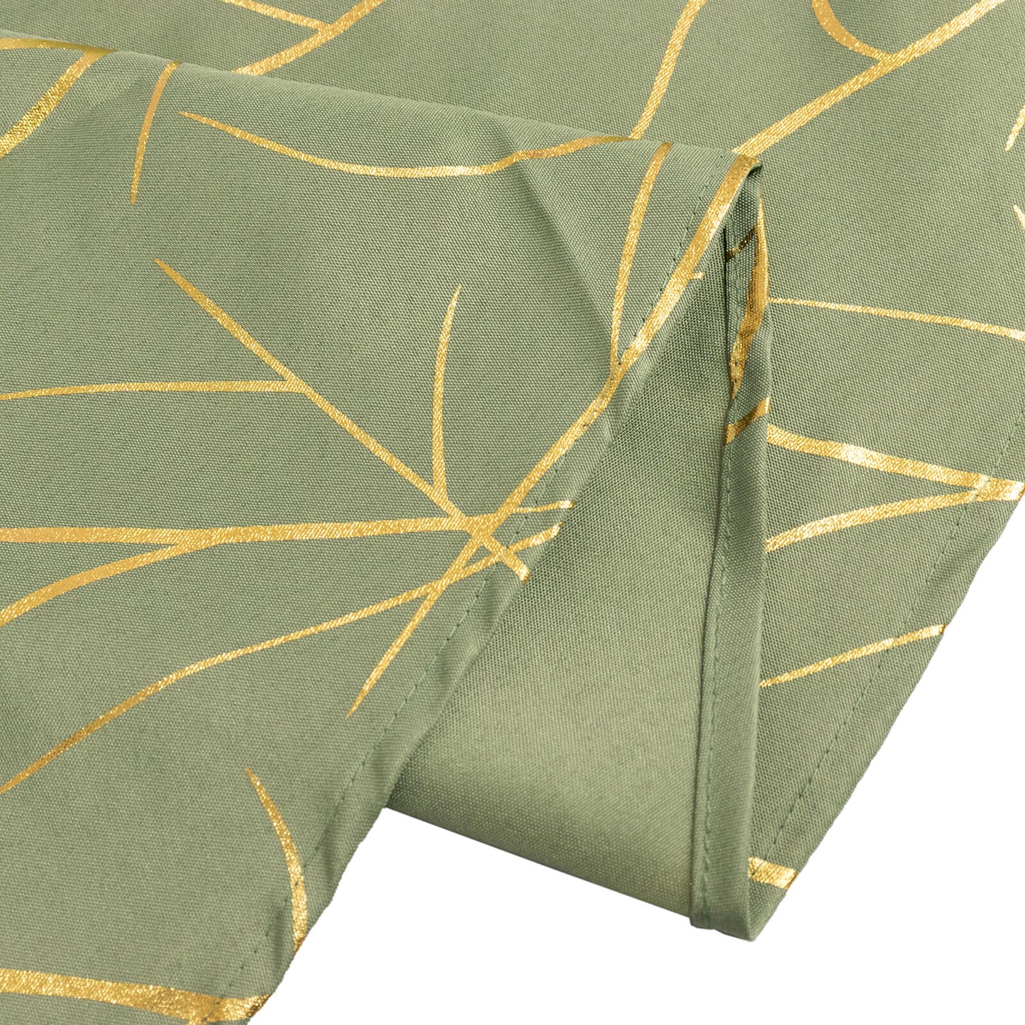 Dusty sage green tablecloth with gold foil tree branch pattern.