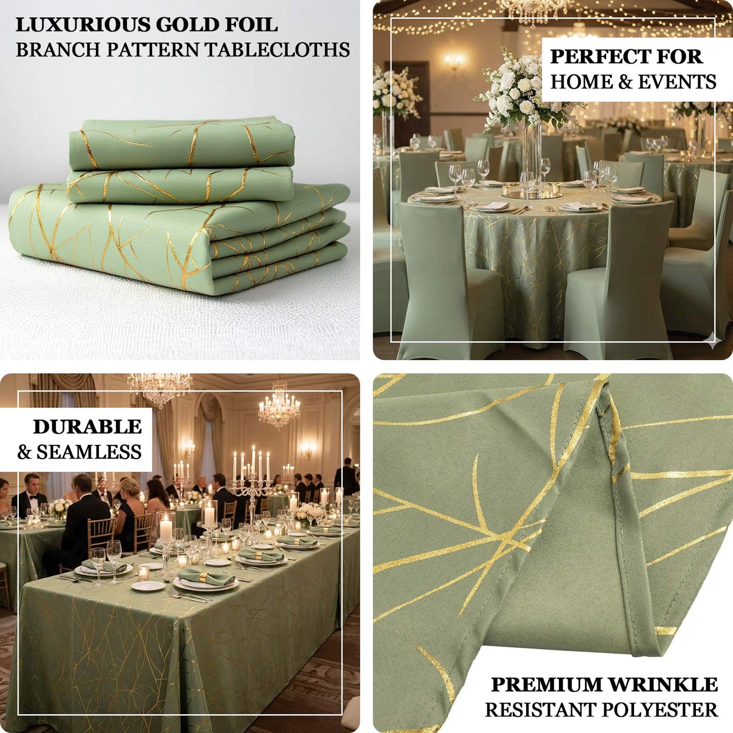 Dusty sage green tablecloth with gold foil tree branch pattern for elegant dining.