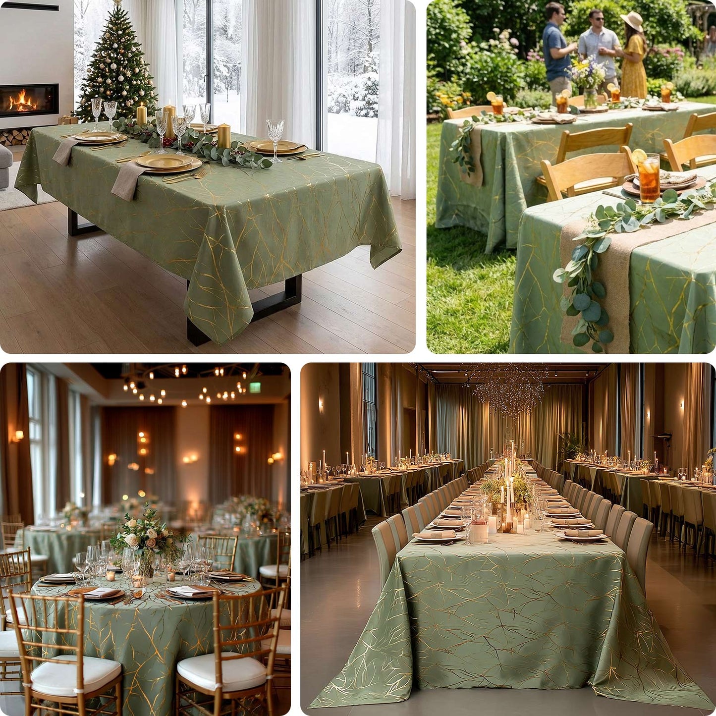 Dusty sage green tablecloth with gold foil tree branch pattern for elegant dining.