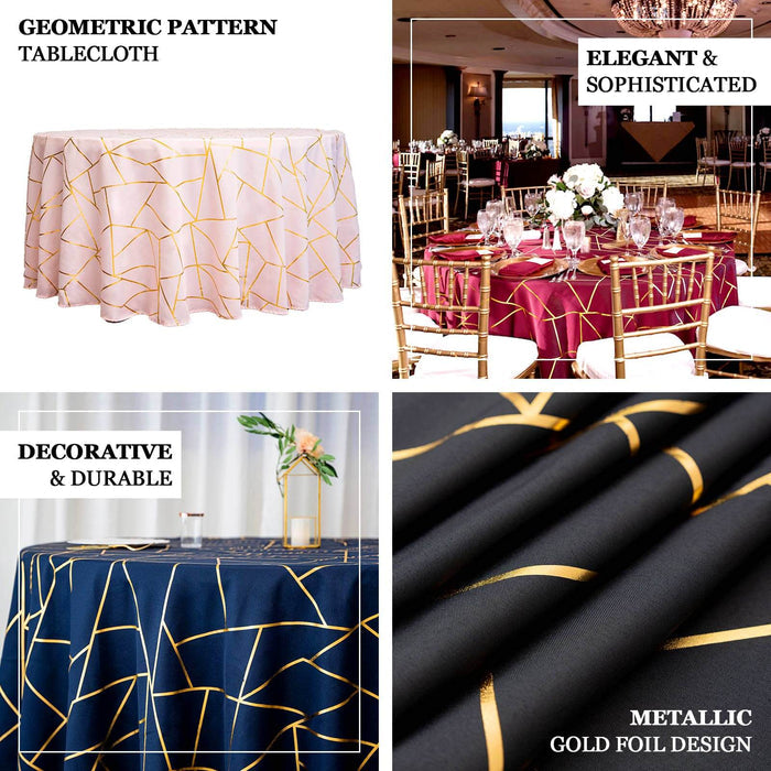Royal blue tablecloth with gold foil geometric pattern.