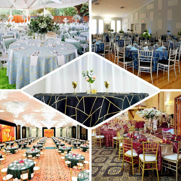 Royal blue tablecloth with gold foil geometric pattern.