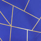 Royal blue tablecloth with gold foil geometric pattern.