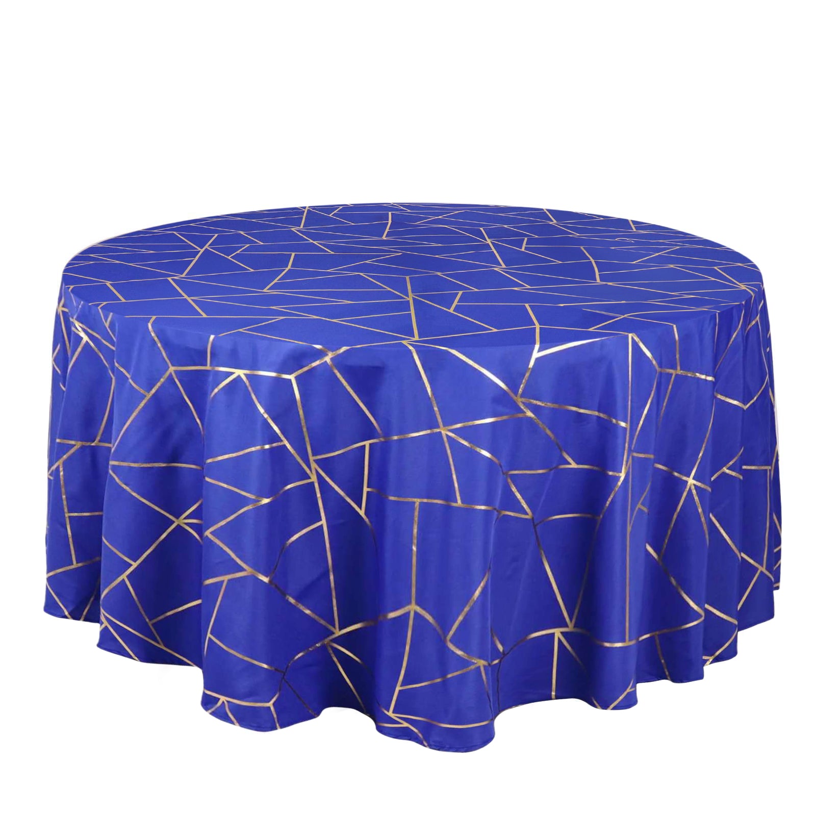 Royal blue round tablecloth with gold geometric pattern.