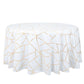 White round polyester tablecloth with gold foil geometric pattern.