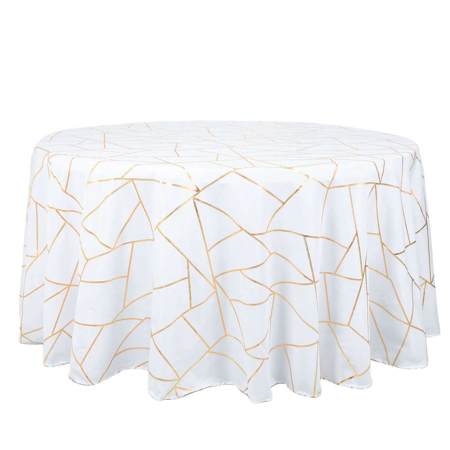 White round polyester tablecloth with gold foil geometric pattern.