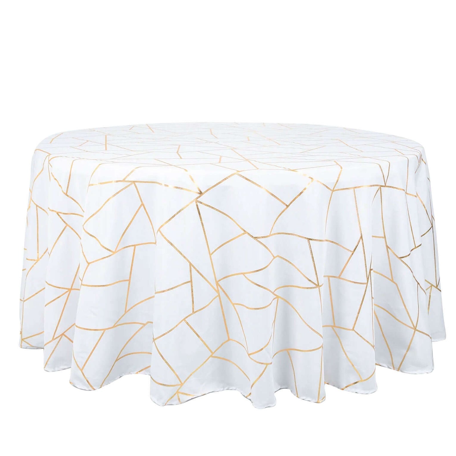 White round polyester tablecloth with gold foil geometric pattern.