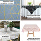 Blush square table overlay with gold foil geometric pattern.